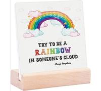 Plaque de table en céramique « Try to Be A Rainbow in Someone's Cloud » avec support en bois - Décoration de bureau avec citation inspirante Maya Angelou - Cadeau pour la maison et le bureau