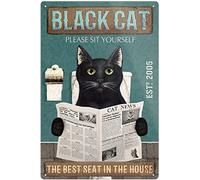 Plaque de toilettes amusante avec chat noir lisant un journal « Please Sit At Home Best Location » - Décoration murale en métal - 20,3 x 30,5 cm