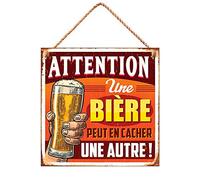 Plaque déco metal 20 x 20 cm attention une bière peut en cacher une autre !