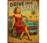 Plaque déco Pin-Up Drive Into Style en Aluminium Humour Rigolo Fun rétro Vintage 15x20cm