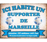 Plaque déco supporter Marseille - Ici habite un supporter de Marseille - Décoration murale foot ambiance 100% football 20x30cm