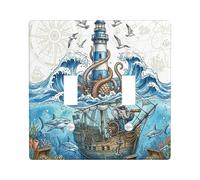 Plaque décorative amusante pour interrupteur à 2 interrupteurs à double bascule, plaque de commutation électrique au trésor de l'océan d'été, motif phare cool pour chambre