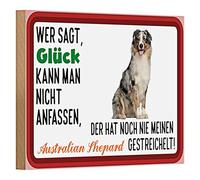 Plaque décorative en bois avec berger australien - Le bonheur peut être touché - Idéal pour les amoureux des chiens - 18 x 12 cm