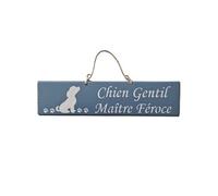 Plaque décorative en bois bleu Chien gentil, Maître Féroce 38 cm