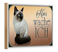 Plaque décorative en bois « Hier wache ich » avec chat birman | Parfait pour les amoureux des animaux et les ménages | 18 cm x 12 cm