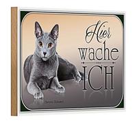 Plaque décorative en bois « Hier wache ich » avec chat Chartreux | Parfait pour les amoureux des animaux et comme cadeau | 18 cm x 12 cm