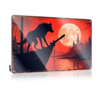 Plaque décorative en étain vintage avec loup hurlant à la pleine lune sur un bateau hanté (20 x 30 cm)