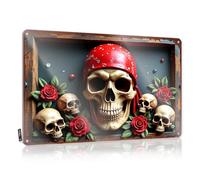 Plaque décorative en métal avec crânes, roses et bandana rouge : composition artistique gothique, panneau amusant en métal, décoration murale (20 x 30 cm)