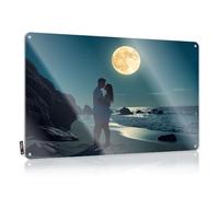 Plaque décorative en métal avec inscription « Lovers Under The Full Moon On The Beach » (30 x 40 cm)