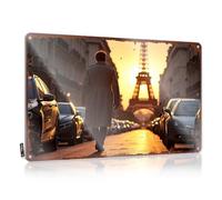 Plaque décorative en métal avec inscription « Man In Long Coat Walking Towards The Eiffel Tower At Sunset » - Décoration murale amusante (30 x 40 cm)