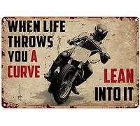 Plaque décorative en métal avec inscription « Motorcycle Lover When Life Throws You A Curve Lean into It » - Décoration murale en aluminium - Pour garage, cave, maison - 40,6 x 30,5 cm