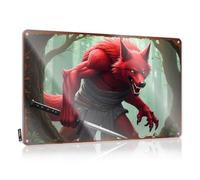 Plaque décorative en métal avec loup rouge Samurai : The Forest Guardian - Plaque en métal pour bar - 30 x 40 cm