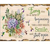Plaque décorative en métal avec motif colibri fleur Every Day is A New Beginning Take A Deep Breath Smile and Start Again - Décoration d'intérieur vintage - Affiche en métal pour garage et bar - 20,3