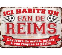 Plaque décorative en tôle résistante aux intempéries pour les fans de football, ici habite un fan de REIMS - Plaque murale, plaque de porte, plaque de portail, inscription amusante de football (20 x