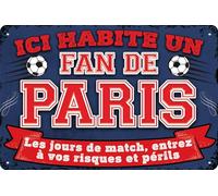 Plaque décorative en tôle résistante aux intempéries pour les fans de football, ici habite un fan de Paris - Plaque murale, plaque de porte, plaque de portail, inscription amusante de football (20 x