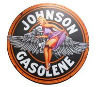 Plaque Décorative Johnson Gasolene Pin-Up Blonde Tôle Aspect Vieilli 30cm