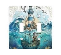Plaque décorative pour interrupteur à 2 interrupteurs - Motif : loup nautique et pirate - Plaque de commutation électrique - Motif phare - Pour chambre