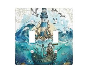 Plaque décorative pour interrupteur à 2 interrupteurs - Motif : loup nautique et pirate - Plaque de commutation électrique - Motif phare - Pour chambre