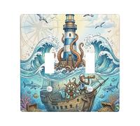 Plaque décorative pour interrupteur à 2 interrupteurs - Motif singe nautique et pirate - Double bascule - Trésor de l'océan d'été - Plaque électrique pour chambre, phare cool
