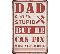Plaque décorative rétro en métal avec inscription « Dad Can't Fix Stupid But He Can Fix What Stupid Does Does » - 20,3 x 30,5 cm - Décoration murale amusante