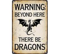 Plaque décorative vintage en métal avec inscription « Warning Beyond Here There Be Dragons » - 20,3 x 30,5 cm