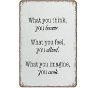 Plaque décorative vintage en métal « Ce que vous pensez, vous le devenez », idéale pour décorer un café, une maison, une cuisine, une salle de bain, une ferme, un jardin ou un bar. Affiche 20 x 30 cm