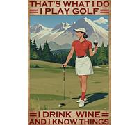 Plaque décorative vintage en métal « Je joue au golf, je bois du vin » pour une ambiance chaleureuse dans une cuisine, un café, un salon, une maison de campagne ou un restaurant. Cadeau chic. 20 x 30