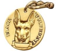 Plaque d'identification 3D personnalisable en cuivre massif avec nom et téléphone, finition polie anti-taches pour chiens (Black Wolf Dog -Brass -a)