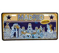 Plaque d'immatriculation décorative Madrid 30 x 15 cm - Plaque métallique murale avec monuments et texte espagnol - Motif urbain en jaune et bleu pour garage, bar, chambre, bureau - 4 trous