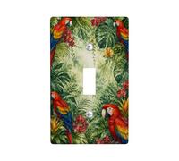 Plaque d'interrupteur à bascule botanique avec ara tropical | Perroquets aras écarlates, feuillage de la forêt tropicale, feuilles de monstera, orchidées exotiques