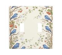 Plaque d'interrupteur à bascule double motif oiseaux vintage nature branches baies printemps bleu en plastique taille standard pour chambre à coucher, salle de bain, cuisine, entrée