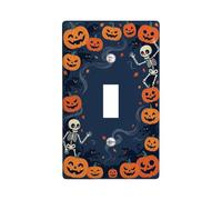 Plaque d'interrupteur à bascule motif squelette et citrouilles d'Halloween | Squelettes dansants, chats noirs, feuillage d'automne, brouillard effrayant, fond bleu foncé, accents saisonniers pour la