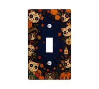 Plaque d'interrupteur à bascule Motif tête de mort Jour des morts | Thème du jour des morts, illustrations de chat et de citrouilles, accents de feuillage d'automne, motif floral vif
