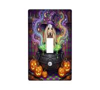 Plaque d'interrupteur à bascule pour chaudron d'Halloween Motif chien | Chapeau de magicien, chaudron bouillonnant, jack-o'-lanternes, potion magique, décoration murale fantaisiste