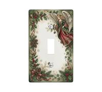 Plaque d'interrupteur à bascule vintage avec illustration d'ange de Noël | Branches de houx, pommes de pin, rubans rouges, illustration traditionnelle, thème d'hiver