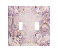 Plaque d'interrupteur double en forme de cygne - Style romantique - Vintage - Tour de Paris - Rose - Violet - Taille standard - Pour chambre à coucher, salle de bain, cuisine, entrée