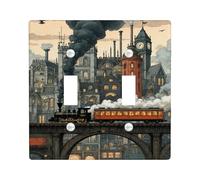 Plaque d'interrupteur double en forme de train, steampunk vintage fumé bâtiments N/A en plastique marron de taille standard pour la maison, le salon, la chambre à coucher, la salle de bain
