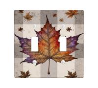 Plaque d'interrupteur double feuille d'érable - Motif à carreaux d'automne rustique - En plastique marron - Taille standard - Décoration pour salon, chambre à coucher, maison et bureau