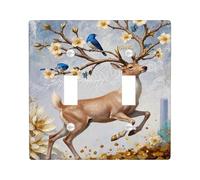 Plaque d'interrupteur double motif cerf, nature, fleurs fantaisistes, oiseaux, printemps, marron, taille standard, plaque décorative pour maison, salon, nouvel appartement