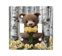 Plaque d'interrupteur double motif ours - Fleurs ludiques - Arbres - Printemps - En plastique marron - Taille standard - Décoration pour la maison, le salon, l'appartement