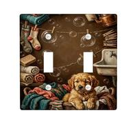 Plaque d'interrupteur double pour interrupteur de salle de bain en forme de chien, rustique et confortable, motif bulles, vêtements d'automne marron, taille standard, décoration pour salon, chambre à