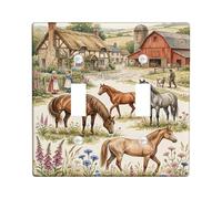 Plaque d'interrupteur double pour interrupteur de salle de bain - Motif chevaux - Fleurs de campagne rustique - Marron - Taille standard - Décoration pour la maison, le salon, la chambre à coucher