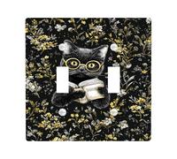 Plaque d'interrupteur fantaisie en forme de chat, motif floral noir avec joli chat de lecture, parfait pour la décoration de la maison, plaque murale thermoplastique, taille standard double bascule