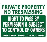 Plaque en aluminium humoristique rétro avec inscription « No Trespassing Right To Pass By Permission & Subject To Control Of Owners » 20,3 x 30,5 cm