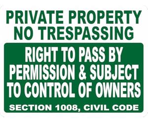 Plaque en aluminium humoristique rétro avec inscription « No Trespassing Right To Pass By Permission & Subject To Control Of Owners » 20,3 x 30,5 cm