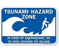 Plaque en Aluminium « Tsunami Hazard Zone - in Case of Earthquake, Go to High Ground Or Inland » 20,3 x 30,5 cm
