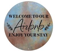 Plaque en aluminium « Welcome to Our Airbnb Enjoy Your Stay » - Décoration murale en aluminium avec citations de motivation chrétiennes - Plaque ronde en métal pour chambre à coucher - 22,9 x 22,9 cm