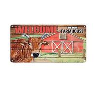 Plaque en aluminium « Welcome to Our Farmhouse » - Motif vache du milieu du siècle - 15,2 x 30,5 cm - Résistante à la décoloration - Décoration pour garage, cave, café, bar
