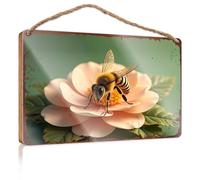 Plaque en bois avec citation « Close-Up of Bee Pollinating A Pink Flower » sur fond vert - Décoration de piscine ou de maison (20 x 30 cm)