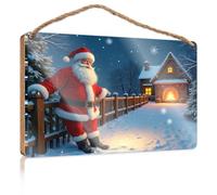 Plaque en bois avec citation « Santa Claus Stands by A Snowy Cabin with A Warm Fire Burning Wood Signs » pour décoration d'intérieur et de salle de bain (15 x 28 cm)